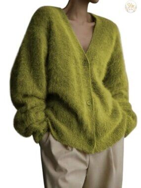 Women's Fuzzy Mohair Cardigan Sweater V-Neck Button Down Oversized Y2K